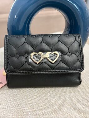 Juicy Couture Black Quilted Heart Mini Trifold Wallet with Gold Heart Accent.